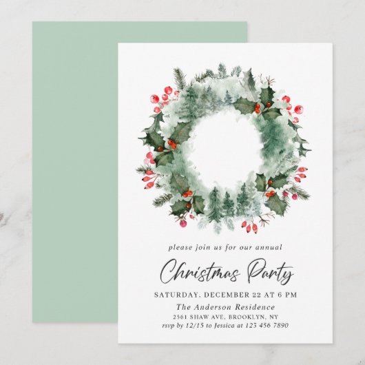 Feestive Holly Berry Wreath Holiday Kerstfeest Kaart (Voorkant / Achterkant)