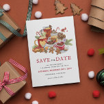 Feestive kerstfeestdag Tea Party Save the Date Feestdagenkaart<br><div class="desc">Festive redt de date briefkaarten met een schattige waterverf namiddagtheesbundel. De moderne sjabloon is gemakkelijk aan te passen.</div>