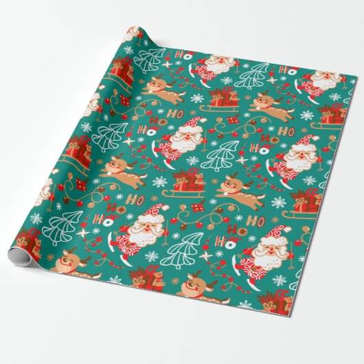 Feestive kerstkerstkerstman en rendier cadeaupapier (Uitgerold)