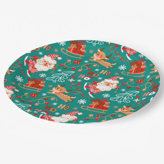 Feestive kerstkerstkerstman en rendier papieren bordje (Gekanteld)