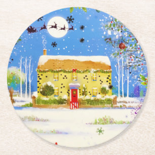Feestive Kerstwinter Home Waterverf Ronde Kartonnen Onderzetter