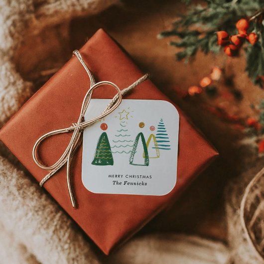 Feestive Moderne Waterverf kerstbomen Holiday Vierkante Sticker