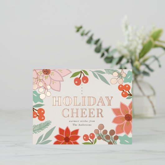 Feestive Poinsettia Berry Cream Folie Holiday Folie Feestdagen Briefkaart (Staand Voorkant)