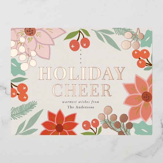 Feestive Poinsettia Berry Cream Folie Holiday Folie Feestdagen Briefkaart (Voorkant)