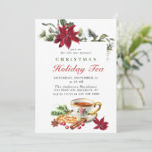 Feestive Poinsettia Kerstfeestdag Tea Party Inv Kaart (Staand voorkant)