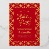 Feestive Red and Gold Snowflakes Holiday Party Folie Uitnodiging (Voorkant)