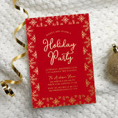 Feestive Red and Gold Snowflakes Holiday Party Folie Uitnodiging