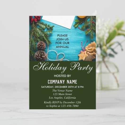 Feestive Red, Blue & Green Company Holiday Party Kaart (Staand voorkant)