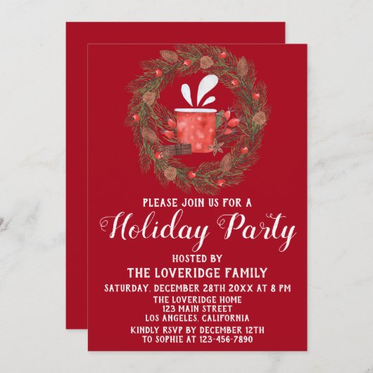 Feestive Red & Green Kerstmis Wreatay Party Kaart (Voorkant / Achterkant)