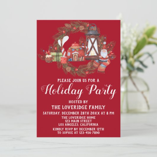 Feestive Red & Green kerstscene Holiday Party Kaart (Staand voorkant)