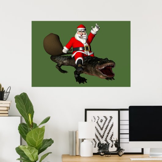 Feestive Santa Claus Riding an Alligator Poster (Thuiskantoor)