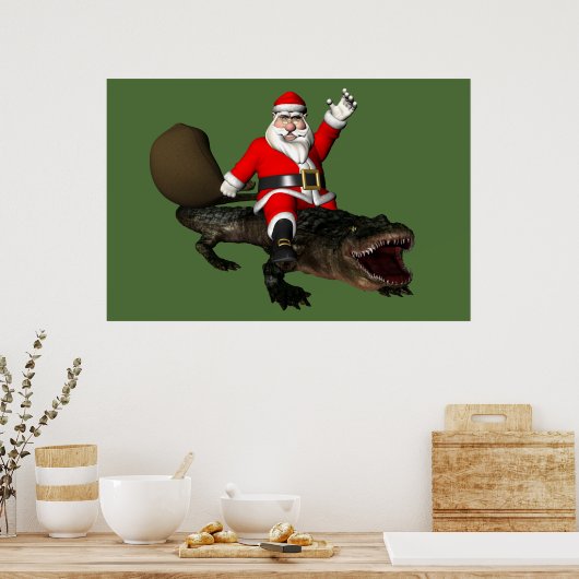 Feestive Santa Claus Riding an Alligator Poster (Keuken)