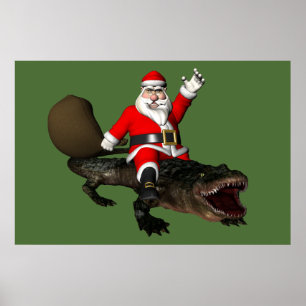 Feestive Santa Claus Riding an Alligator Poster