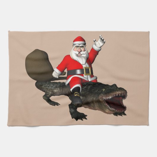Feestive Santa Claus Riding an Alligator Theedoek (Horizontaal)
