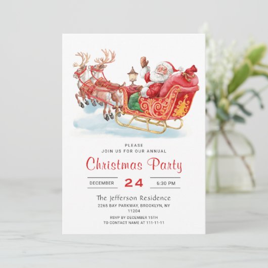 Feestive Santa Claus Sleigh Holiday Kerstparty Kaart (Staand voorkant)