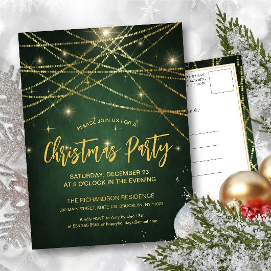 Feestive Sparking Gold String Lights Holiday Party Uitnodiging Briefkaart