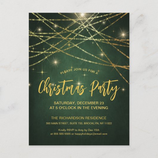 Feestive Sparking Gold String Lights Holiday Party Uitnodiging Briefkaart (Voorkant)