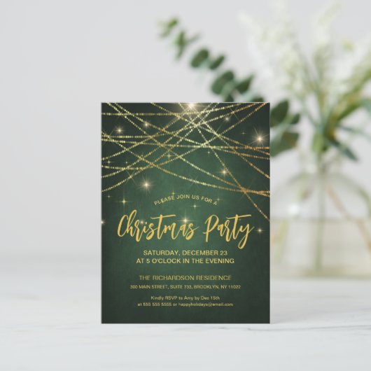 Feestive Sparking Gold String Lights Holiday Party Uitnodiging Briefkaart (Staand voorkant)