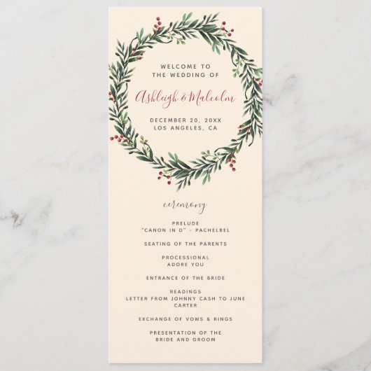 Feestive Waterverf Kerstmis Wreath Wedding Programmakaart (Voorkant)
