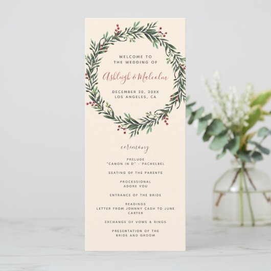 Feestive Waterverf Kerstmis Wreath Wedding Programmakaart (Staand voorkant)