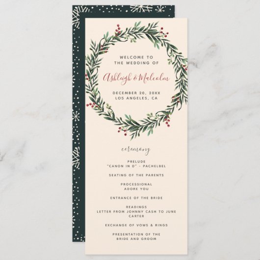 Feestive Waterverf Kerstmis Wreath Wedding Programmakaart (Voorkant / Achterkant)