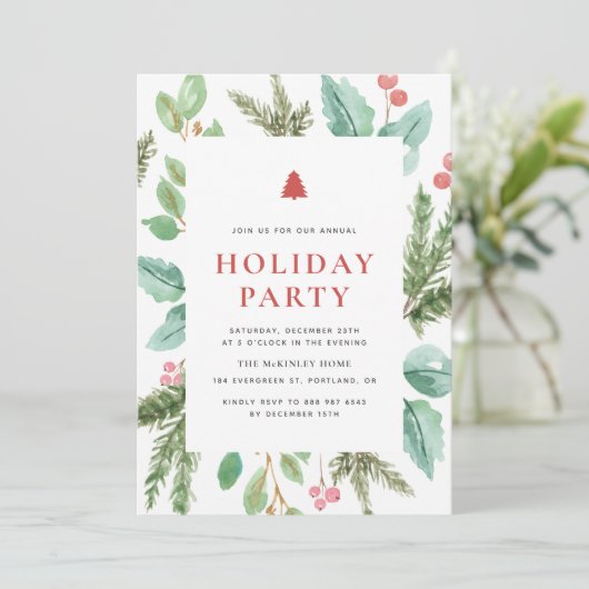 Feestive Waterverf Winter Foliage Holiday Party Kaart (Staand voorkant)