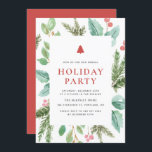 Feestive Waterverf Winter Foliage Holiday Party Kaart<br><div class="desc">Nodig familie en vrienden uit voor de feestelijke feestdag met deze aanpasbare uitnodiging voor een groene feestdag. Het bevat waterverf illustraties van heilige naalden,  naalden en eucalyptusbladeren en evergreens. Personaliseer door gebeurtenis,  namen,  datum,  tijd,  adres en andere details. Overeenkomende objecten zijn beschikbaar. Deze feestdag is beschikbaar op andere creditcards.</div>