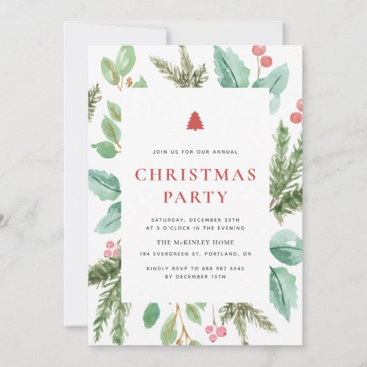 Feestive Waterverf Winter Foliage Kerstfeest Kaart (Voorkant)