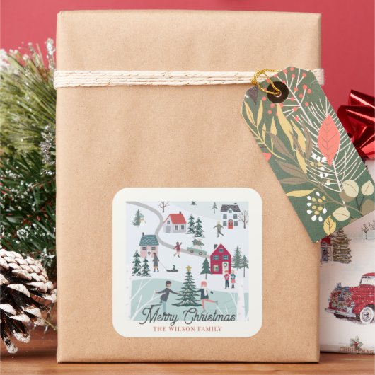 Feestive Winter Kerstmis Town/Village Holiday Vierkante Sticker (Feestdagen)