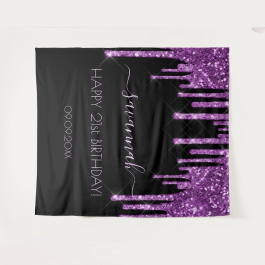 Feestje 21e verjaardag zwart paarse glitters glamo wandkleed (Voorkant (horizontaal))
