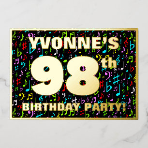 Feestje 98e verjaardag — Leuke, kleurrijke muziek Folie Uitnodiging