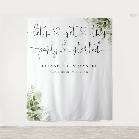 Feestje Begonnen Groene Huwelijksfotobackdrop Wandkleed (Voorkant)