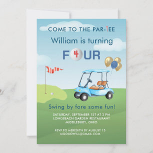 Feestje golfkar voor jongen 4de verjaardag kaart