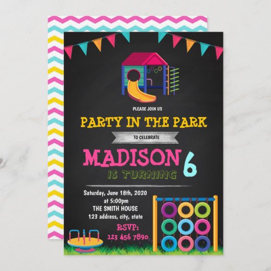 Feestje in de uitnodiging voor het park (Voorkant / Achterkant)