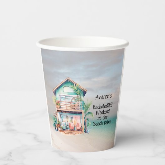 Feestje in het strandhuis voor de aanstaande bruid papieren bekers (Achterkant)