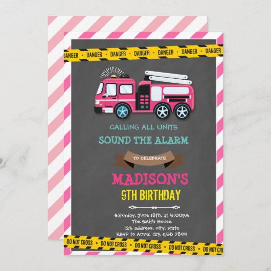 Feestje met brandweerwagen meisje verjaardag kaart (Voorkant / Achterkant)