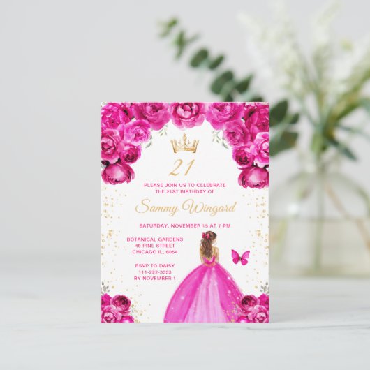 Feestje Prinses met Heet Roze Bruin Haar Briefkaart (Staand voorkant)