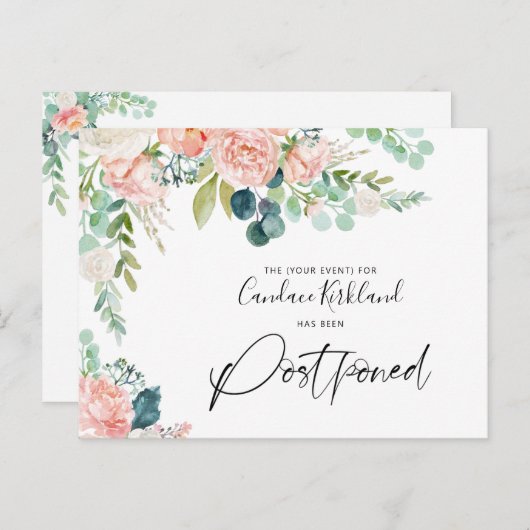 Feestje Uitgesteld Datum Blush Pink Floral Aankondigingskaart (Voorkant / Achterkant)