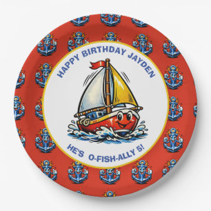 Feestje voor een jongen met oceanische zeilboot-th papieren bordje