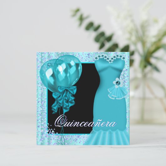 Feestjurk Ballonnen Paars Turkoois Blauw Quinceane Kaart (Staand voorkant)