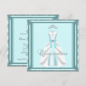 Feestjurk Tiara Blauwgroen Damask Quinceanera Kaart (Voorkant / Achterkant)