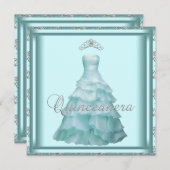 Feestjurk Tiara Blauwgroen Damask Quinceanera Kaart (Voorkant / Achterkant)