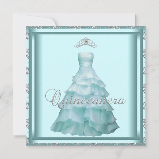 Feestjurk Tiara Blauwgroen Damask Quinceanera Kaart (Voorkant)