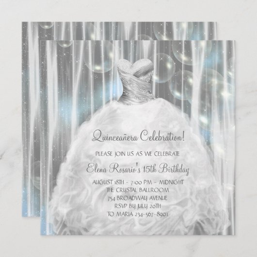 Feestjurk Witte en Blauwe Quinceanera Uitnodiginge Kaart (Voorkant / Achterkant)