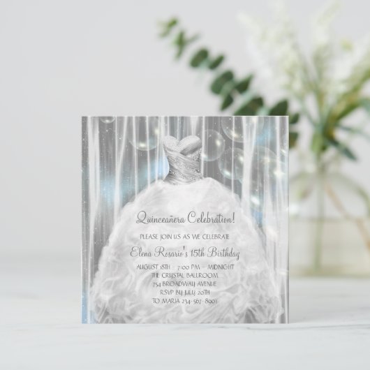 Feestjurk Witte en Blauwe Quinceanera Uitnodiginge Kaart (Staand voorkant)