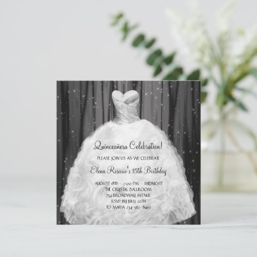 Feestjurk Zwart Wit Quinceanera Uitnodigingen (Staand voorkant)