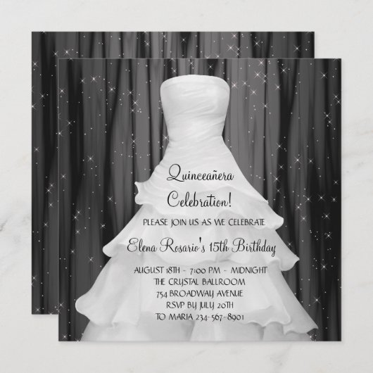 Feestjurk Zwart Wit Quinceanera Uitnodigingen (Voorkant / Achterkant)