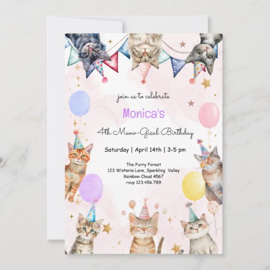Feestkatten miauw-gical kinderen verjaardag kaart (Voorkant)