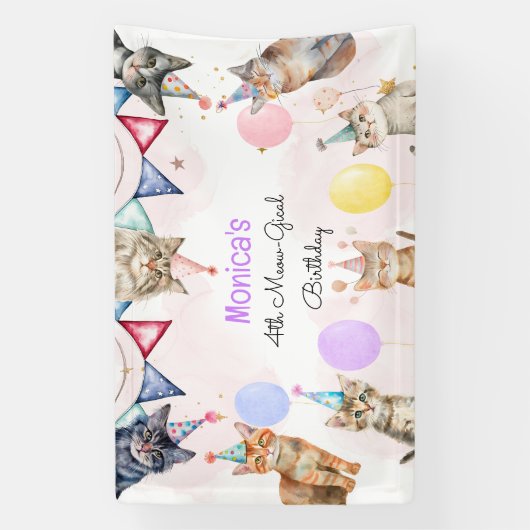 Feestkatten miauw-gical kinderen verjaardag spandoek (Verticaal)