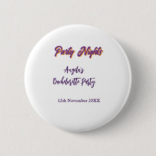 Feestnachten vrijgezellenfeest naam datum paars ronde button 5,7 cm